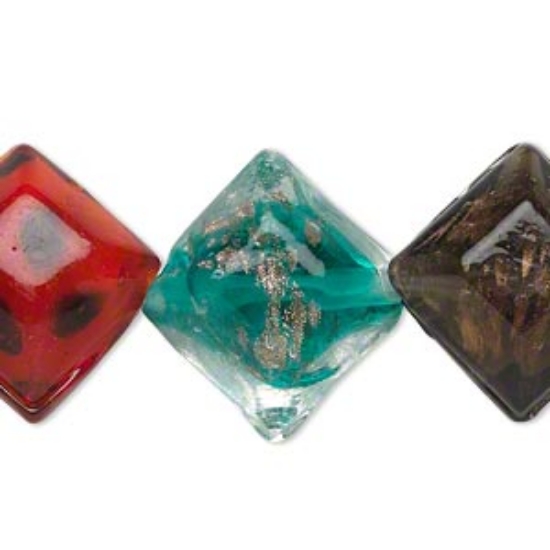 Picture of Bead, lampworked glass, multicolored, 21x19mm-24x23mm beveled puffed square. Sold per 15-inch strand.