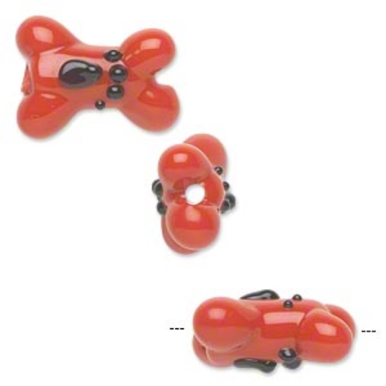 Picture of Lampwork Glass bead Dog Bone with paw print 20x13mm Opaque Red x1