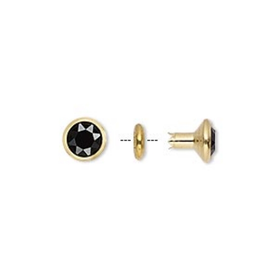 Picture of Rivet, Swarovski crystal and gold-finished brass,  jet, 7mm round (53001/53009). Sold per pkg of 2-piece sets.