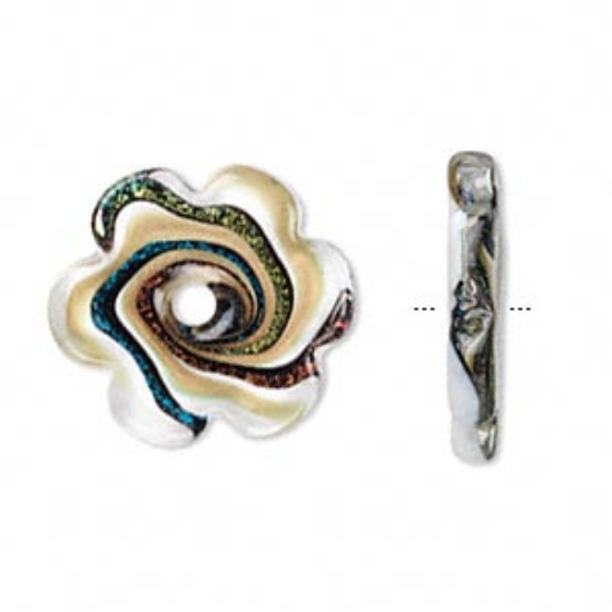 Picture of Focal, lampworked glass, white / green / blue with gold-color glitter, 40x40mm flower x1