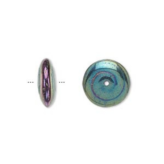 Picture of Bead, Czech pressed glass, iris green, 13.5x5.5mm spiral x10