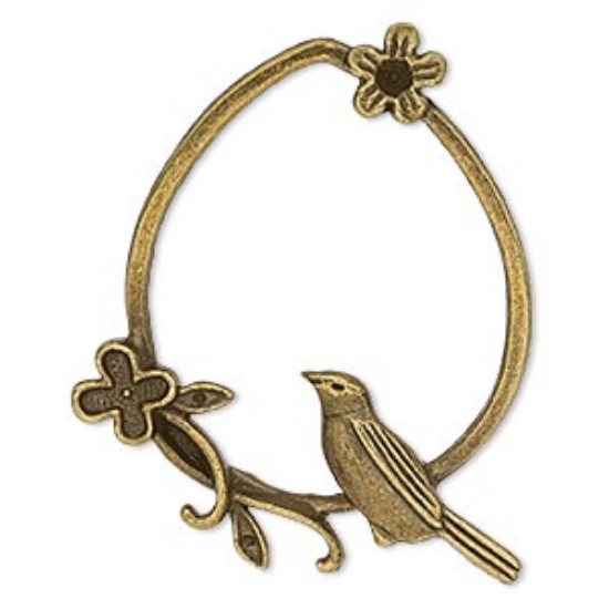 Picture of Pendant Teardrop with Bird and Flower 48x40mm Brass x1