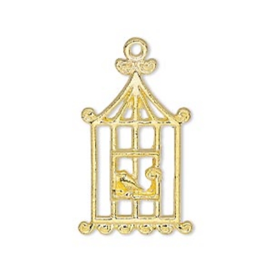 Picture of Charm Bird in Cage. 29x18 mm Gold Tone x2
