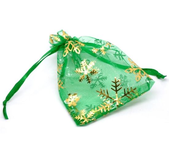 Picture of Organza Pouch 12x9cm Snowflake Green Gold x10