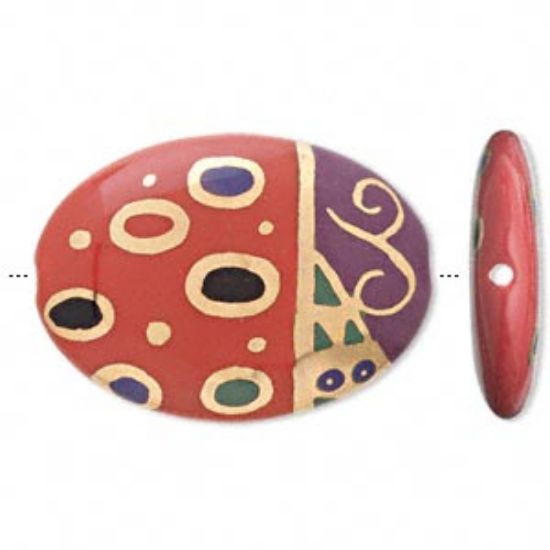 Picture of Porcelain Bead flat Oval 40x30x7mm Red/Green with 24Kt gold accents x1