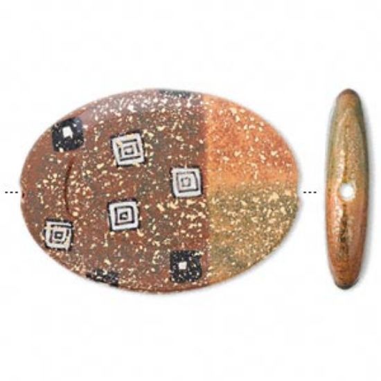 Picture of Porcelain Bead flat oval 40x29mm brown/orange/green w/ 24Kt gold accents x1