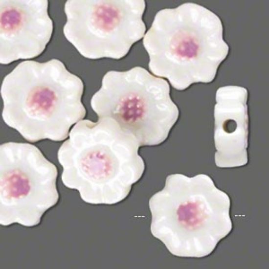 Picture of Bead, porcelain, pink and white, 16mm double-sided flower. Sold per pkg of 8.