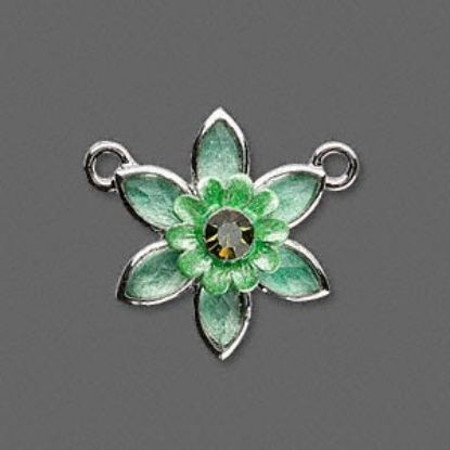 Bild von Link, imitation rhodium-finished "pewter" (zinc-based alloy)/enamel/rhinestone crystals, emerald green/olive green, 24x24mm flower x1