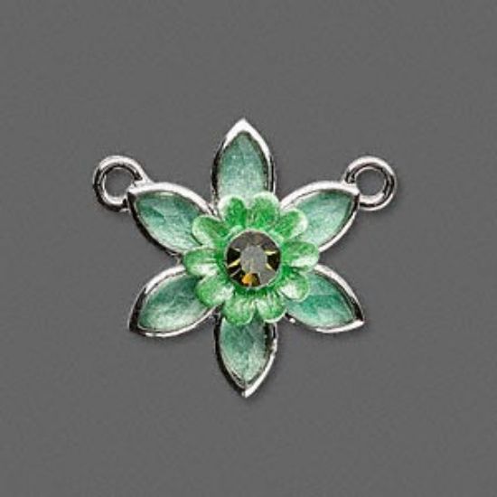Picture of Link, imitation rhodium-finished "pewter" (zinc-based alloy)/enamel/rhinestone crystals, emerald green/olive green, 24x24mm flower x1