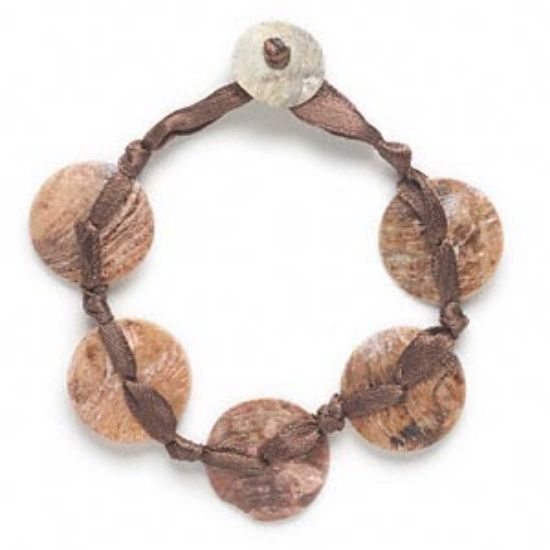 Picture of Bracelet, Chinese mussel shell (dyed), peach and brown, 20mm flat round, 7 inches with button clasp. Sold individually.