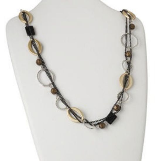 Picture of Necklace, imitation rhodium-finished steel and acrylic, black and gold, 34-inch continuous loop.