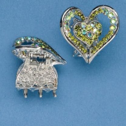 Image de Hair clip, silver-finished pewter (tin-based alloy) with rhinestones, green AB, heart design, approx. 40x40mm x1
