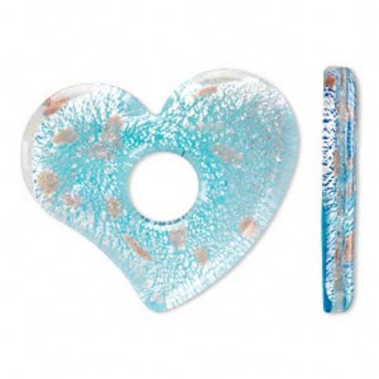 Picture of Lampworked Glass Falling Heart Donut 61x52mm Light Blue w/ silver foil and copper glitter x1