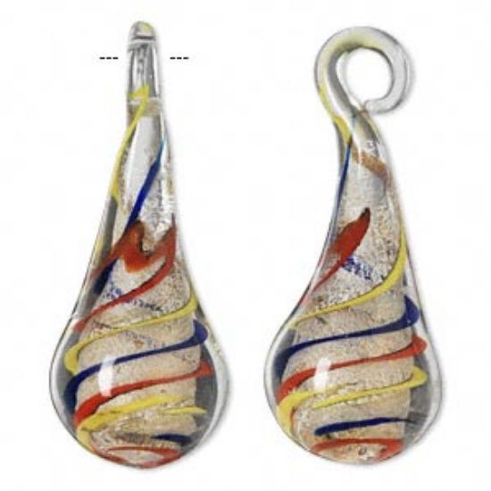 Picture of Focal, lampworked glass, clear/red/yellow/blue/orange with silver-colored glitter, 59x24mm double-sided teardrop.