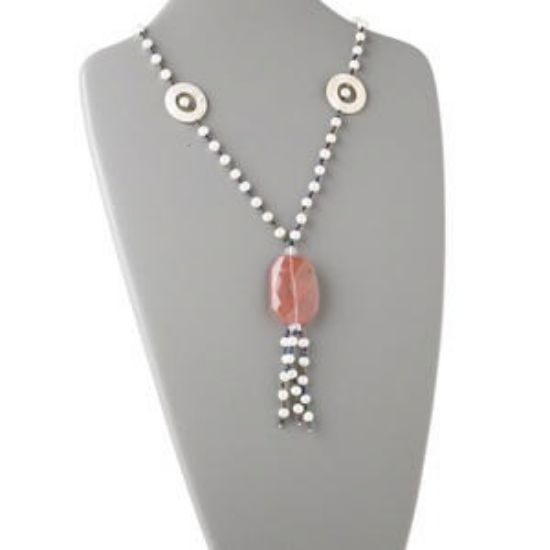 Picture of Necklace, shell (natural) / cultured freshwater pearl / glass, clear / white / pink, flat round, 26-inch continuous loop. 