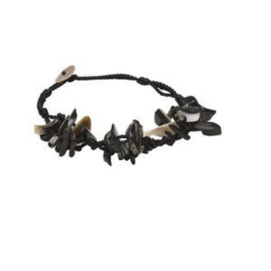 Picture of Bracelet, shell (natural) and waxed cotton cord, black, chips, 7-1/2 inches with button clasp closure. Sold individually.