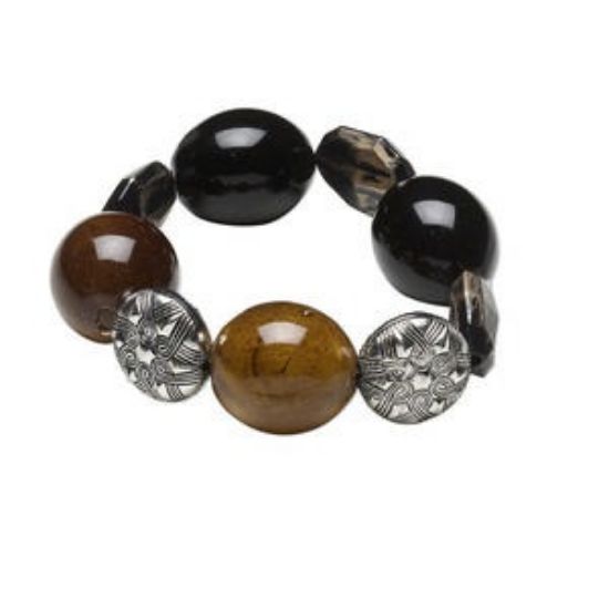 Picture of Bracelet, stretch, porcelain, black/brown/silver, flat round and 30x25mm oval, 7-1/2 inches. Sold individually.