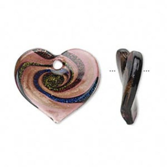 Picture of Focal, lampworked glass, red/blue/green with copper-color glitter, 45x40mm wavy heart.