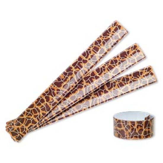 Picture of Bracelet, slap-on, steel and plastic, brown / tan / cream, 1-1/4 inch wide with giraffe print design, 9-1/2  inches. Sold per pkg of 4.