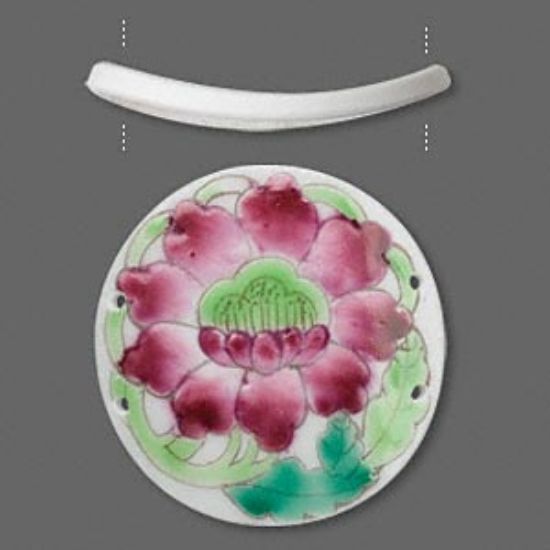 Picture of Focal, porcelain, flat round, flower, white with pink/green flower, 4-hole, 50-52x3mm.