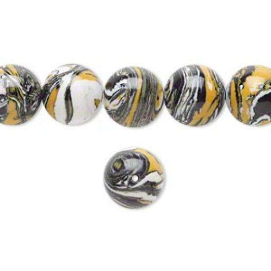 Picture of Bead resin black / white / dark yellow 10mm round x40