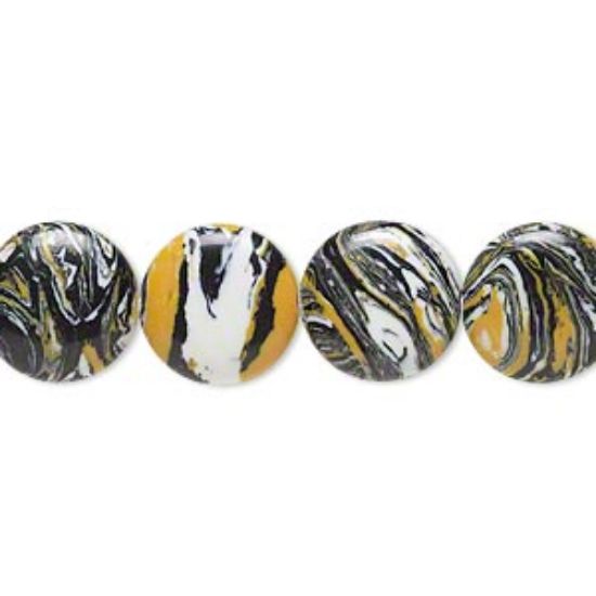 Picture of Bead resin black / white / dark yellow 12mm flat round. Sold per 16-inch strand.