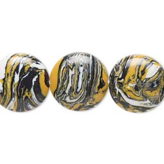 Picture of Bead resin black / white / dark yellow 16mm flat round. Sold per 16-inch strand.