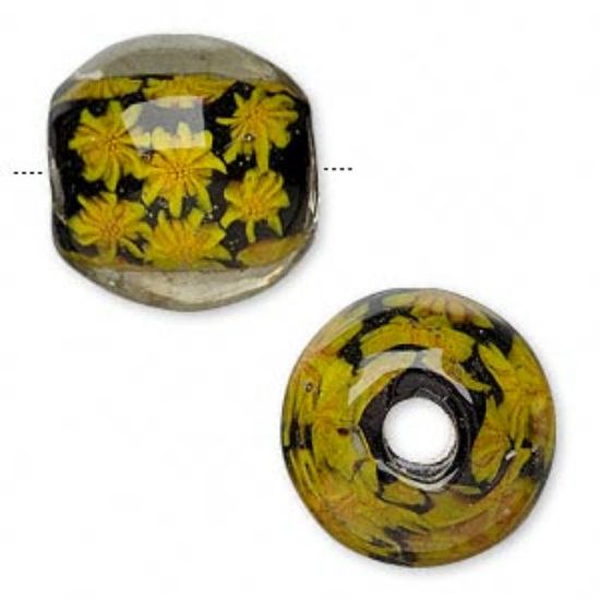 Picture of Lampworked glass Bead  barrel with flowers 21x20mm Black and Yellow x1