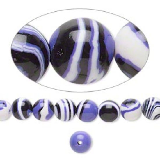 Picture of Bead resin black / white / purple 6mm round. Sold per 16-inch strand.