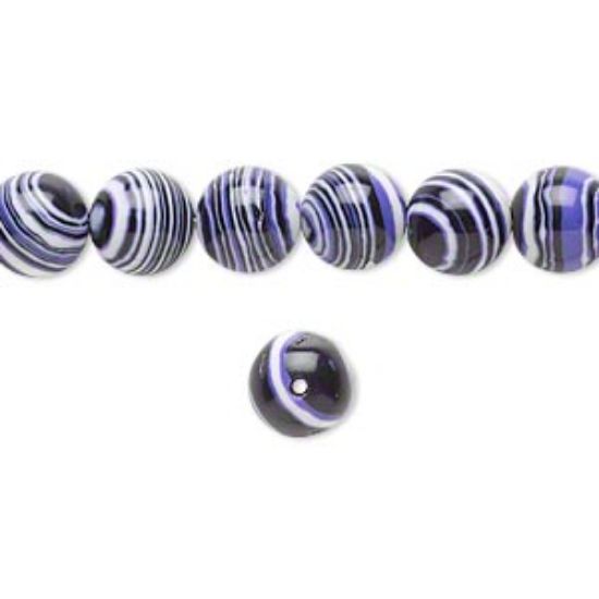 Picture of Bead resin black / white / purple 8mm round. Sold per 16-inch strand.