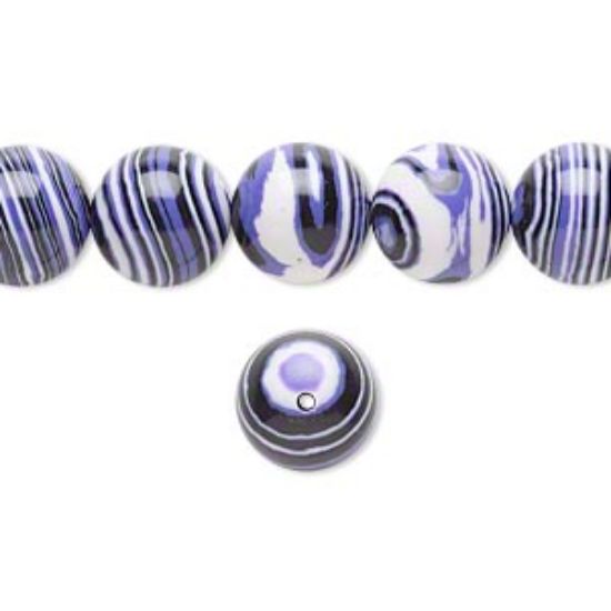 Picture of Bead resin black / white / purple 10mm round. Sold per 16-inch strand.