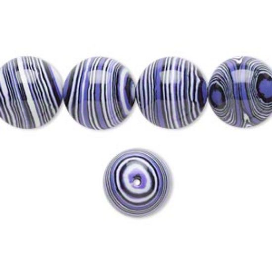 Picture of Bead resin black / white / purple 12mm round. Sold per 16-inch strand.