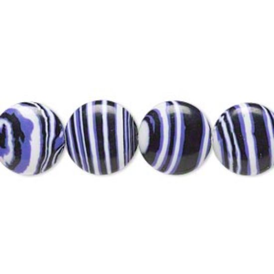 Picture of Bead resin black / white / purple 12mm flat round. Sold per 16-inch strand.