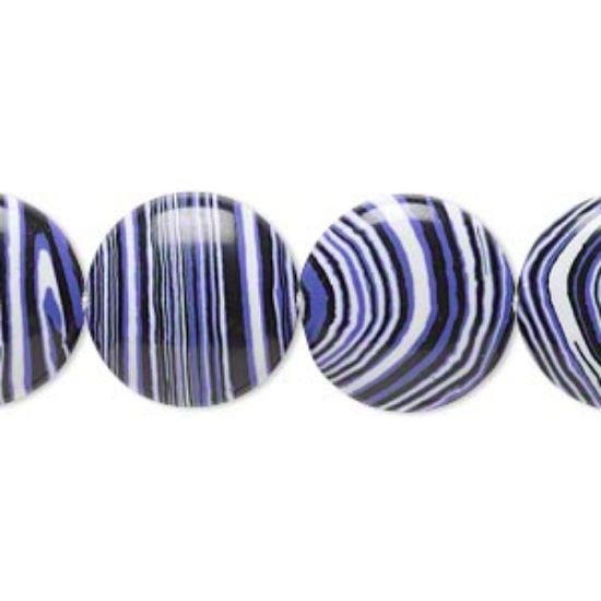 Picture of Bead resin black / white / purple 16mm flat round. Sold per 16-inch strand.