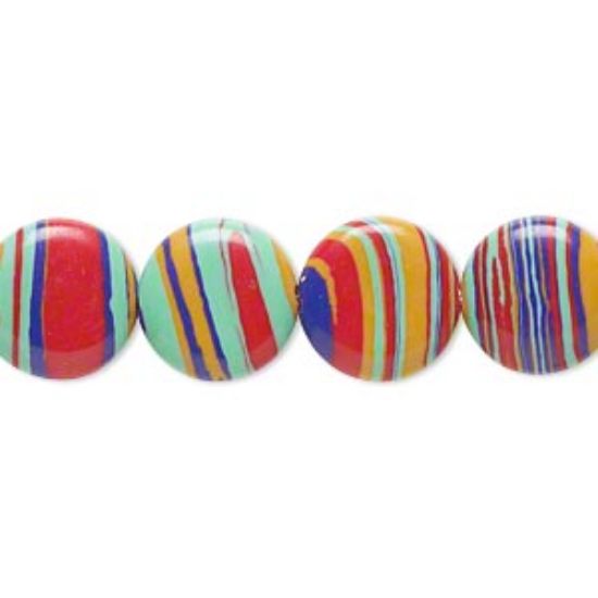 Picture of Bead resin multicolored 12mm flat round with swirls. Sold per 16-inch strand.