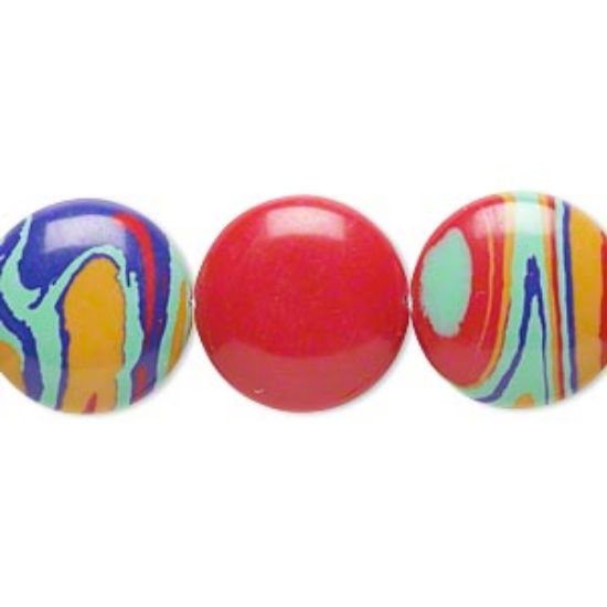 Picture of Bead resin multicolored 16mm flat round with swirls. Sold per 16-inch strand.