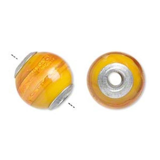 Picture of Bead, lampworked glass with silver foil and aluminum center, yellow and orange, 14mm round with 3mm hole. Sold per pkg of 6.