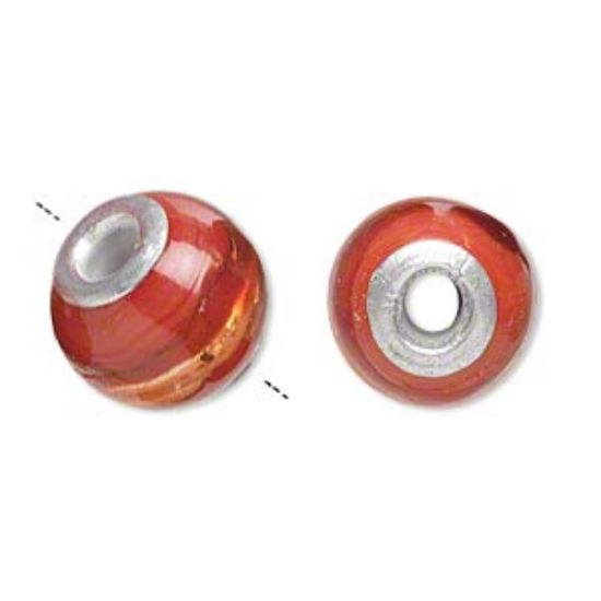 Picture of Bead, lampworked glass and aluminum, opaque red and dark red with silver-colored foil, 14mm round with 3mm hole. Sold per pkg of 6.