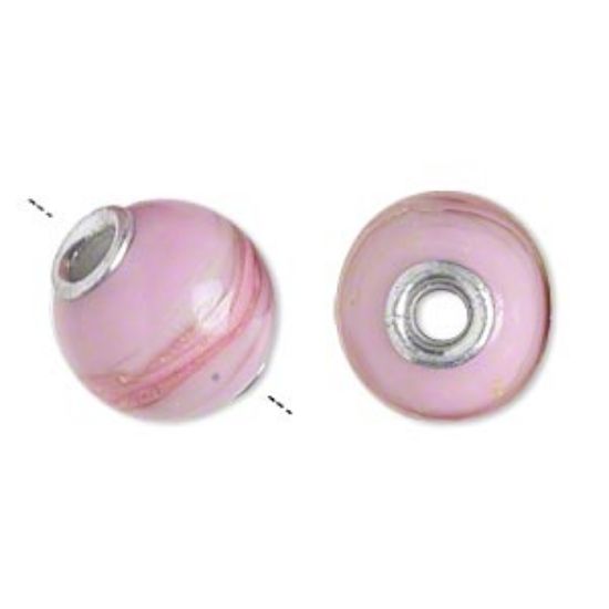 Picture of Bead, lampworked glass and aluminum, opaque pink and dark pink with silver-colored foil, 14mm round with 3mm hole. Sold per pkg of 6.