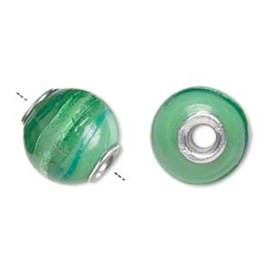 Picture of Bead, lampworked glass and aluminum, opaque green and emerald green with silver-colored foil, 14mm round with 3mm hole. Sold per pkg of 6.