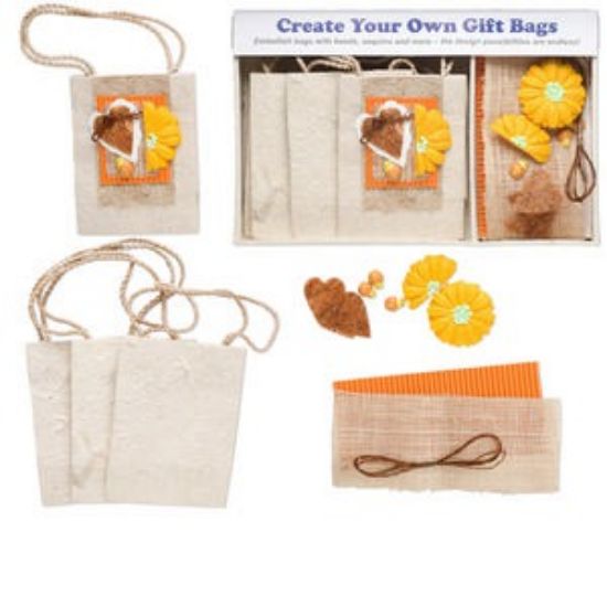 Picture of Gift bag kit, mulberry paper and other themed embellishments, beige/brown/yellow, 2-1/4x3x4-inch flower bag. Sold per pkg of 3 bags.