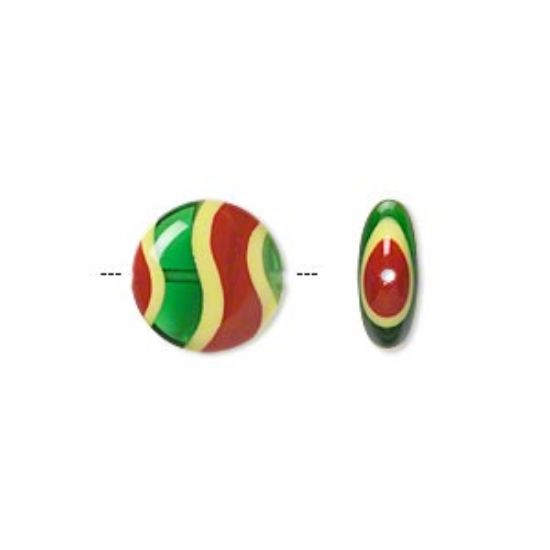 Picture of Bead, lampworked glass, semi-transparent red/green/yellow, 12mm double-sided flat round with wavy stripe design. Sold per pkg of 2.