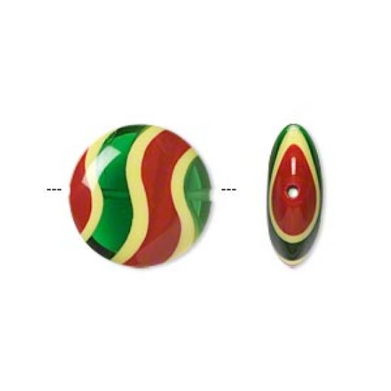 Picture of Bead, lampworked glass, semi-transparent red/green/yellow, 16mm double-sided flat round with wavy stripe design. Sold per pkg of 2.