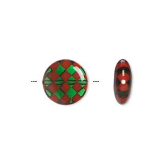Picture of Bead, lampworked glass, semi-transparent red and green, 12mm double-sided flat round with checkerboard design. Sold per pkg of 2.