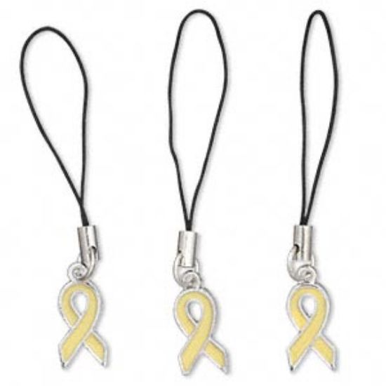 Picture of Zipper pull, tin alloy and nylon, yellow and black, 20x9mm awareness ribbon x3