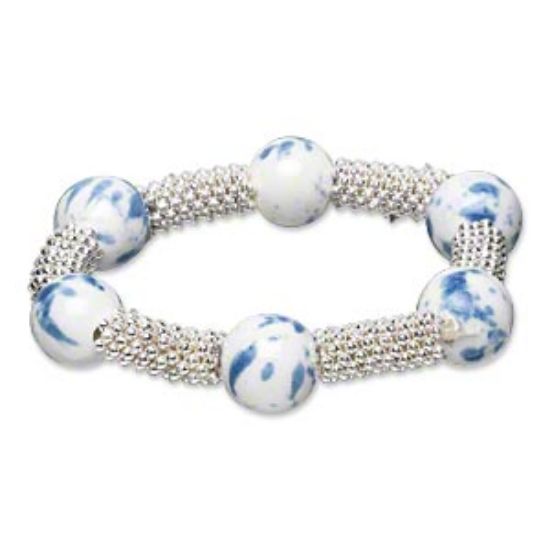 Picture of Bracelet, stretch, ceramic and plastic, white/blue/silver, 14mm round and 8x2mm star rondelle, 7-1/2 inch. Sold individually.