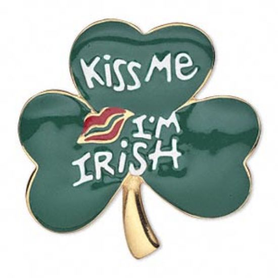 Picture of Brooch 3-leaf Clover 42x42mm w/ Red Lips and "Kiss Me I'm Irish." x1