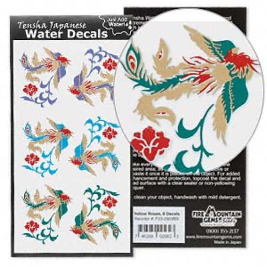 Picture of Water decal, Tensha Japanese, blue, purple and green, 38x32mm bird. Sold per pkg of 6.