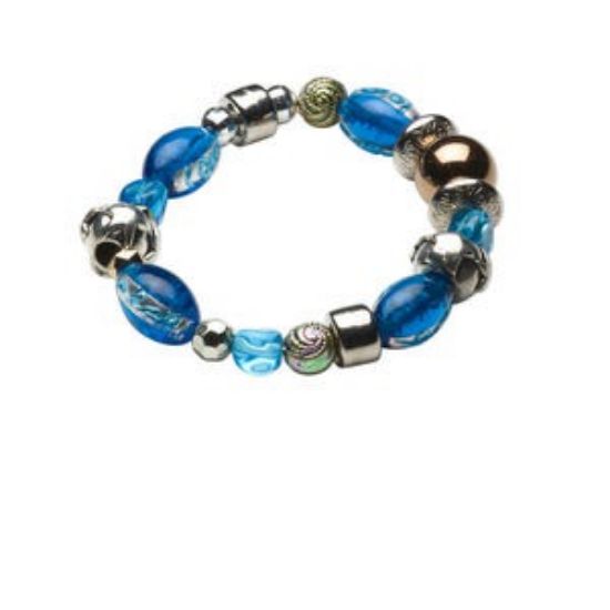 Picture of Bracelet, stretch, lampworked glass with acrylic, silver and blue with swirl texture, oval/faceted round/textured round. Sold individually.