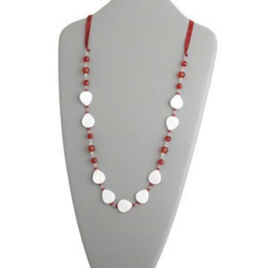 Picture of Necklace, cultured freshwater pearl shell, glass, steel and polyester ribbon, red / white / silver, 8mm faceted rounds and 10mm rounds and 20x13mm teardrops, 32 inches.